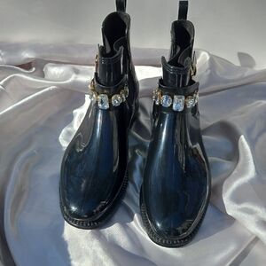 Henry Ferrera Black Patent Chelsea Boots with Crystal Chain NEW Size 10